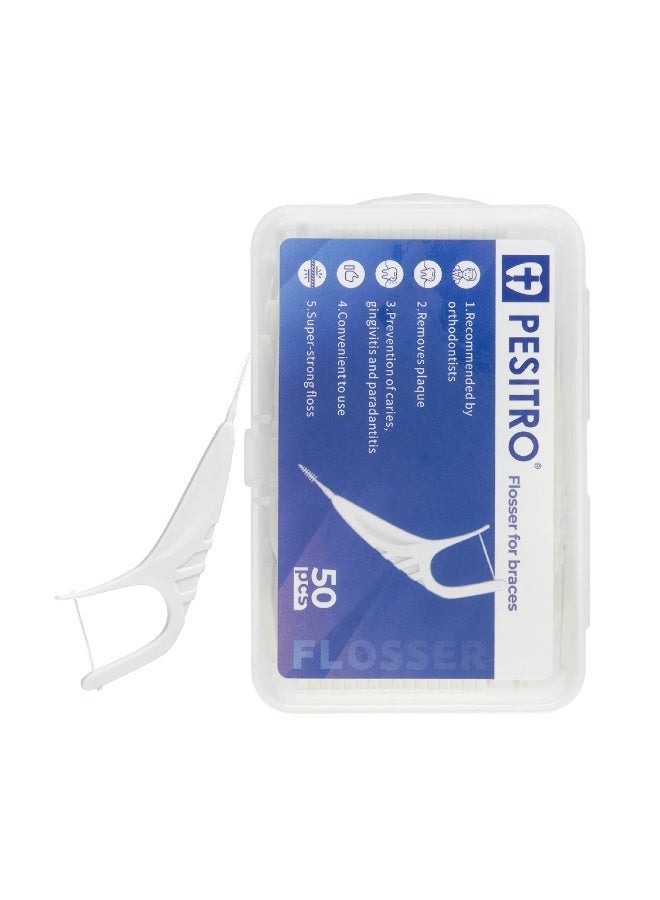 PESITRO Flosser for Braces – Dual-Action Orthodontic Flosser Pick with Nylon Floss Tip & Micro Brush, 50 Count - Image 1